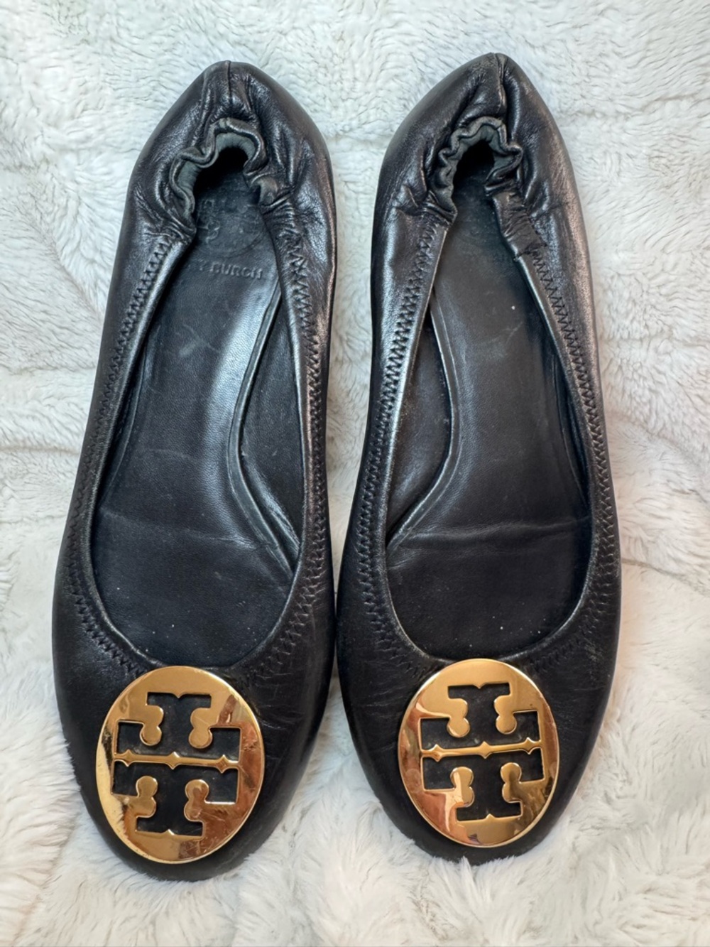 Tory Burch Black Leather Ballet Flats with Gold Logo Medallions - Picture 2 of 7